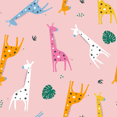 Seamless jungle pattern with giraffes, and tropical leaves. Creative childish texture for fabric, wrapping, textile, wallpaper, apparel. Vector illustration