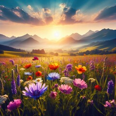 Obraz premium Wildflowers against the background of mountains generative AI