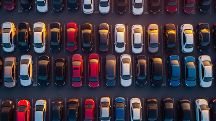 a huge parking lot of new cars in the port before loading onto the ferry, aerial view - obrazy, fototapety, plakaty