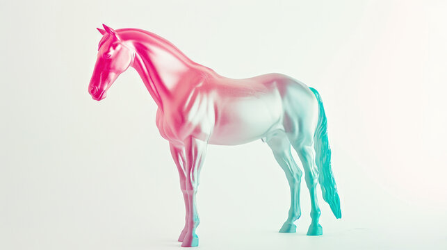 A pink and blue horse standing on a white surface.