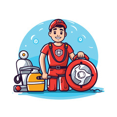 Cleaning service worker in uniform with cleaning equipment. Vector illustration.