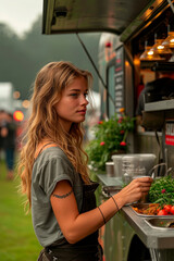 A woman in a food truck that specializes in zero-waste cooking