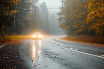 bright car headlights approaching on a misty autumn road
