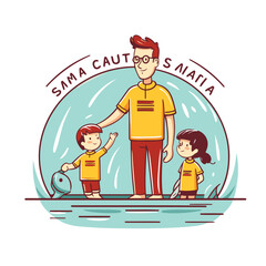 Vector illustration of a man and children on the beach in summer.