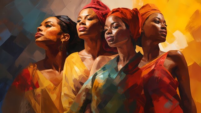 Eleg&acirc;ncia de quatro mulheres afro com turbantes ao p&ocirc;r do sol