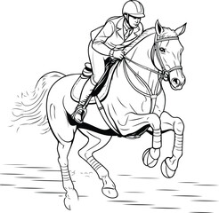 Obraz na płótnie Canvas Jockey on horse. Black and white vector illustration for coloring book