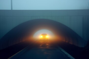 car with headlights visible at the end of a foggy tunnel