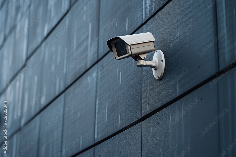 Poster a security camera mounted on the side of a building. can be used for surveillance and monitoring pur