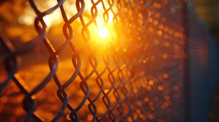 Sunlit metallic mesh with intricate fence details against a backdrop of illuminated bars.