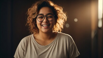 Close-up high-resolution image of a energetic young lady smiling at camera in a photo studio wearing casual outfit and shades. Ambient lights. - obrazy, fototapety, plakaty
