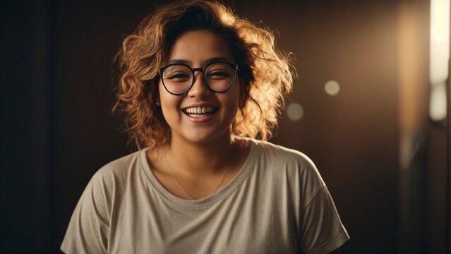 Close-up high-resolution image of a energetic young lady smiling at camera in a photo studio wearing casual outfit and shades. Ambient lights.