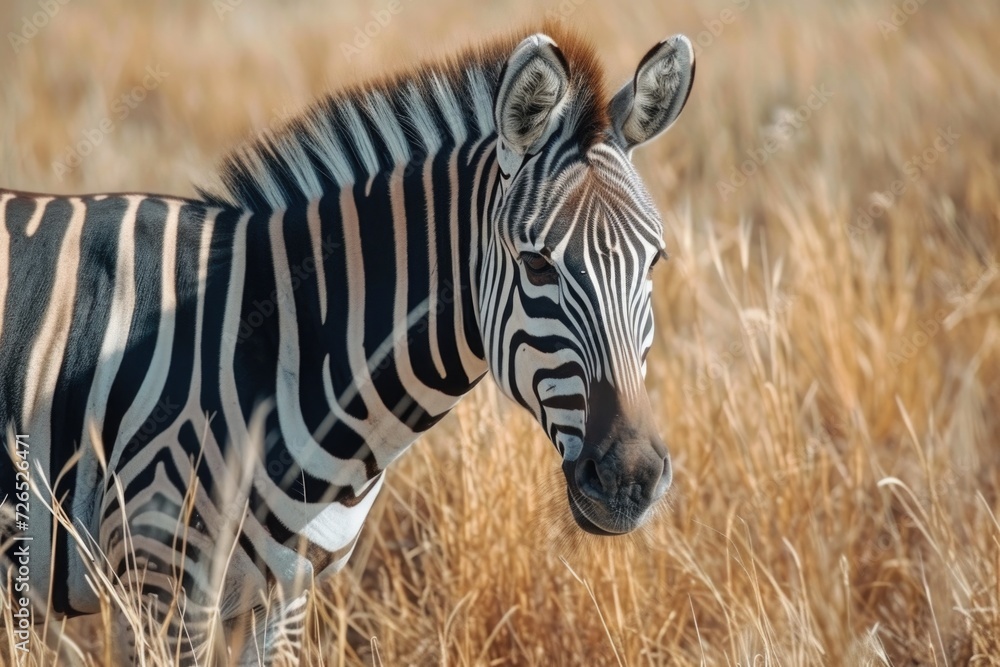 Poster a close up shot of a zebra standing in a field of tall grass. perfect for nature and wildlife-themed