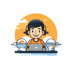 Boy with laptop and quadcopter. Vector illustration in flat style