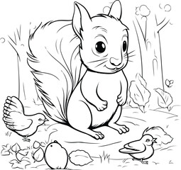 Squirrel in the park. Vector illustration. Coloring page.