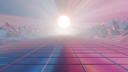The wireframe landscape embodies the classic 80s aesthetic, combining digital nostalgia with futuristic elements