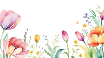 Watercolor tulips flowers frame easter womans day mothers card template background banner spring