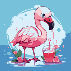 Flamingo with a glass of cherry juice. Vector illustration.