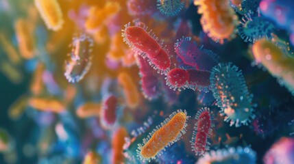 Fototapeta premium A close-up view of a bunch of colorful bacteria. This image can be used to illustrate microbiology, science research, or health-related topics