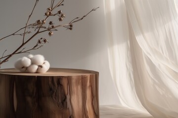 wooden podium with organic hair care, cotton curtains drifting softly