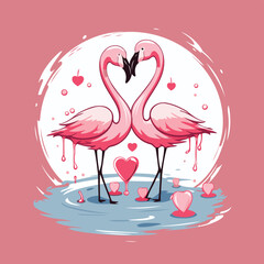 Two flamingos in love with hearts on a pink background. Vector illustration.