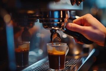 A person is seen making a cup of coffee. This image can be used to depict morning routines, coffee brewing, or a cozy coffee break.