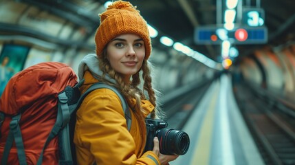 Obraz premium Tourists in Paris, France snapping photos at subway station platform.