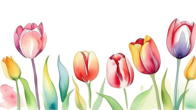 Watercolor tulips flowers frame easter womans day mothers card template background banner spring