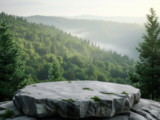 A grey stone podium on a rock platform, for displaying a product. The backdrop is a beautiful forest with a hazy horizon, creating a stunning natural scene.