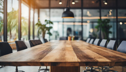 Empty wooden meeting table symbolizing corporate potential, awaiting collaboration, against a blurred modern office backdrop