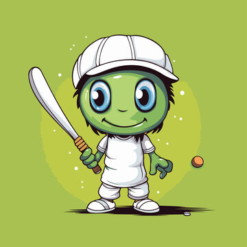 Cute cartoon green alien baseball player with baseball bat. Vector illustration.