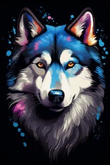 Naklejka premium Majestic Wolf With Blue Eyes Against Black Background