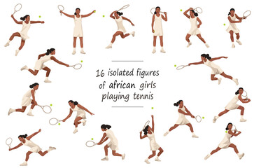 16 girl figures of black women's tennis players in white dress in various stances and grips standing, running, rushing, jumping, hitting, serving, receiving the ball