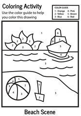 Coloring Book Beach Scene Page with Color Guide. Editable Clip Art.