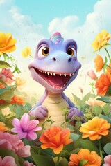 Cartoon Dinosaur in a Field of Flowers