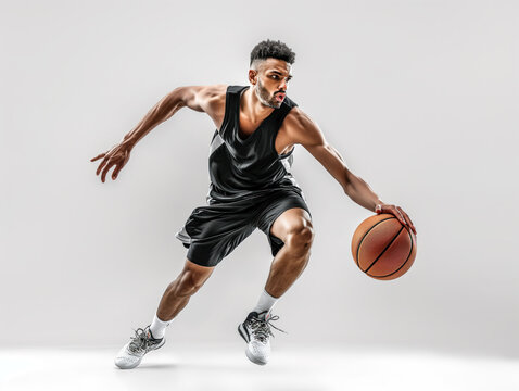 Skilled basketball player in action against a white backdrop. Perfect for flyers or ads, this image embodies sports, competition, and championships, providing ample space for your ads