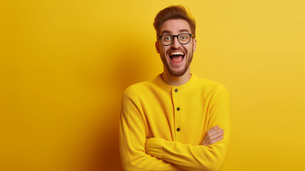 Fototapeta premium Oh my goodness, ecstatic delight and amusement stylish facial expressions conveying a concept of elegance. Detailed portrait of an impressed, joyful, and lively caucasian man, full-body shot