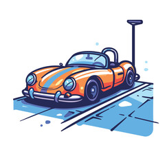 Retro car on the road. Vector illustration in cartoon style.