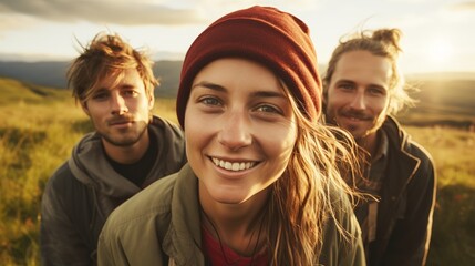 Medium shot lifestyle of young people traveling walking together against sunlight laughing, trekking adventure in countryside walking to mountains, tourists outdoor activities, sunset in summer