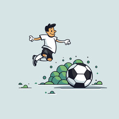 Cartoon soccer player kicking the ball. Vector illustration in flat style