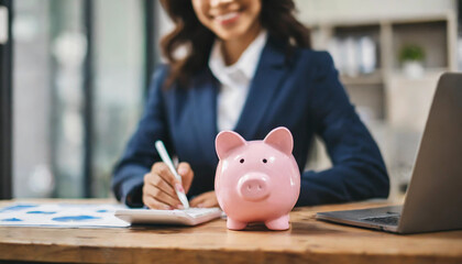  piggy bank on financial director's desk, symbolizing savings and financial management in a corporate office setting