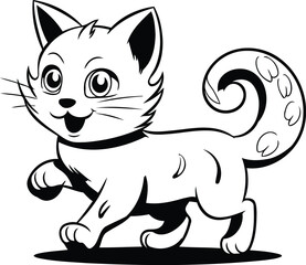 Cute Cartoon Cat Running - Black and White Illustration. Vector