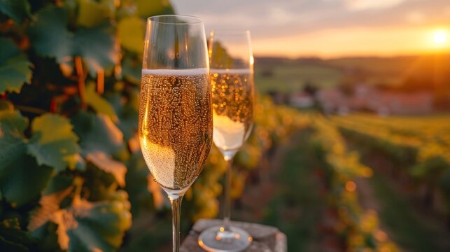 Experience a sampling of top-quality, effervescent white wine from premier vineyards in France, overlooking lush pinot noir and meunier grape fields.