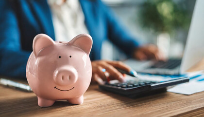  piggy bank on financial director's desk, symbolizing savings and financial management in a corporate office setting