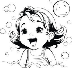 Cute little girl playing with soap bubbles. Black and white vector illustration for coloring book.