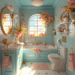 A photo of a sweet and cute bathroom in blue color