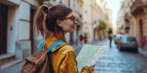 A female traveler navigating Europe with a map as her guide. - obrazy, fototapety, plakaty
