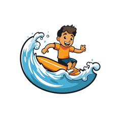 Cartoon man surfing on a wave. Vector illustration on white background.