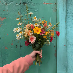 A photo of a hand holding a bouquet of flowers on a green wall
