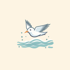 Obraz premium Flying seagull on the water. Vector illustration in flat style