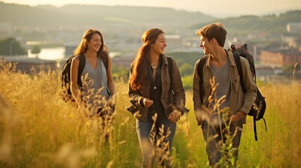 Lifestyle of young adult carefree people traveling together enjoyment cheerful laughing, trekking hiking adventure in countryside, tourists friendship bonding outdoor activities, sunset in summer